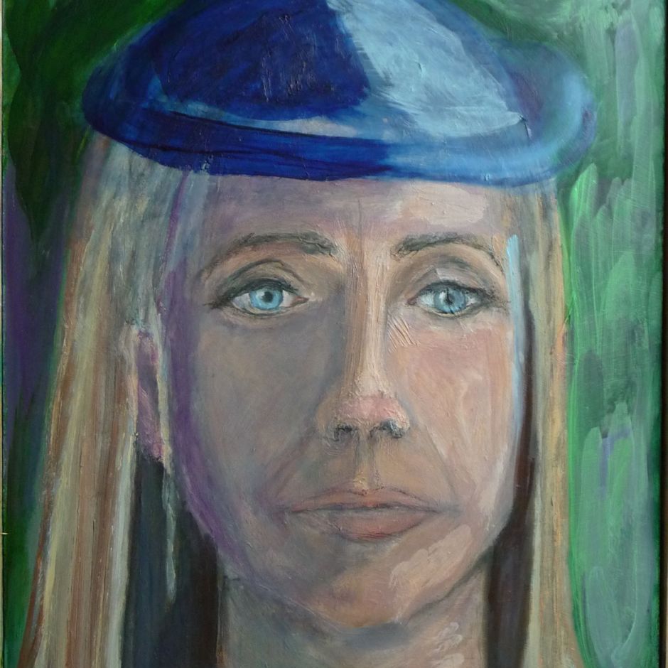 Dame med blå hat, (akryl på masonit 20x38)