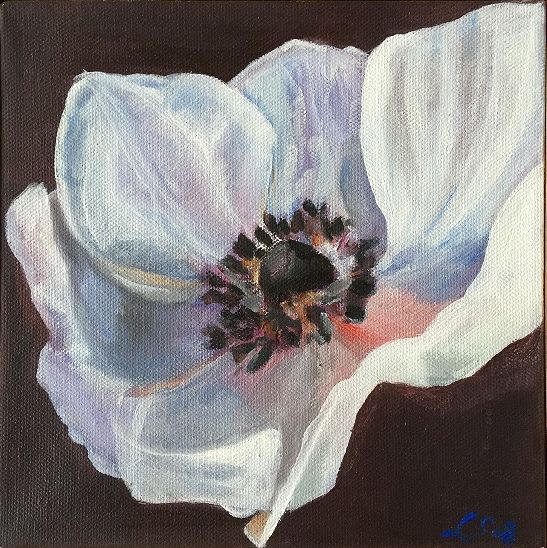 Hvid blomst, (akryl på masonit 30x34)