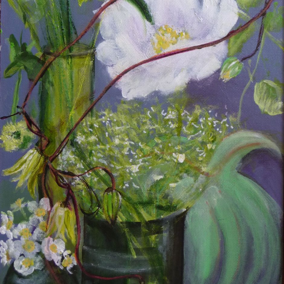 Opstilling m. glas og keramik. (akryl på lærred 26x30)