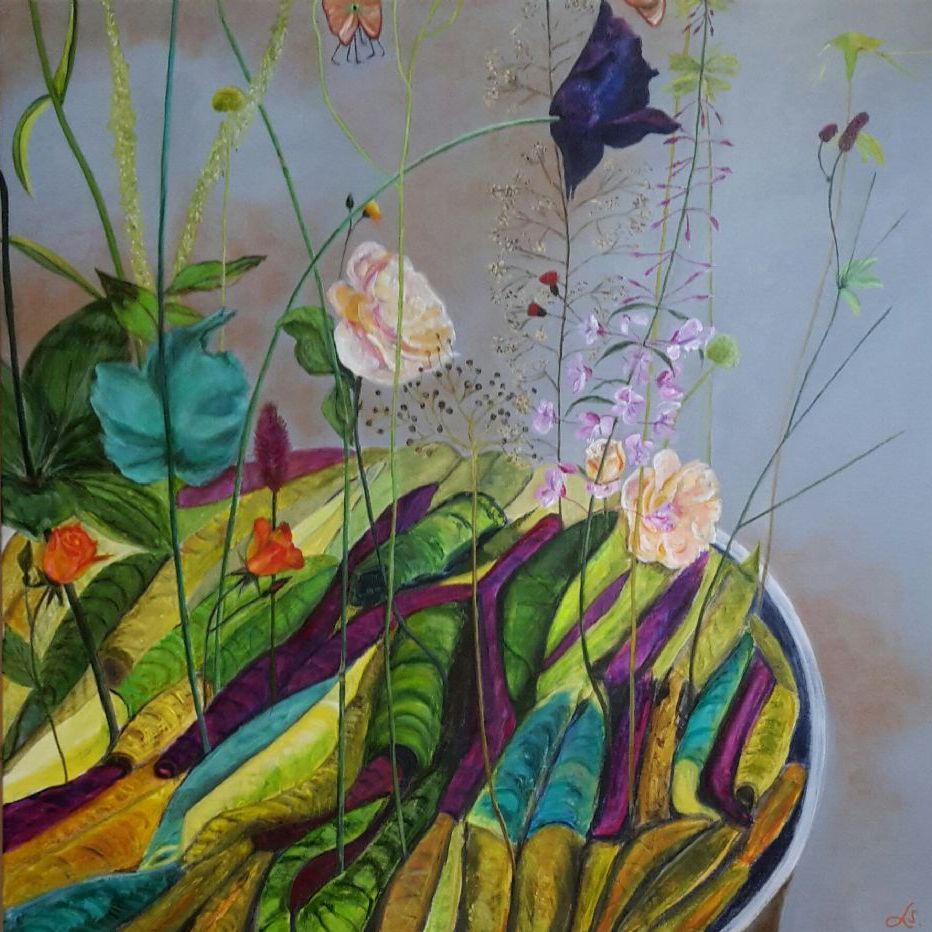 Fabulering over blomsteropsætning i balje. (akryl på lærred 80x80)
Antaget i 2017 ved censurering  kunstforeningen Limfjorden. privat eje.