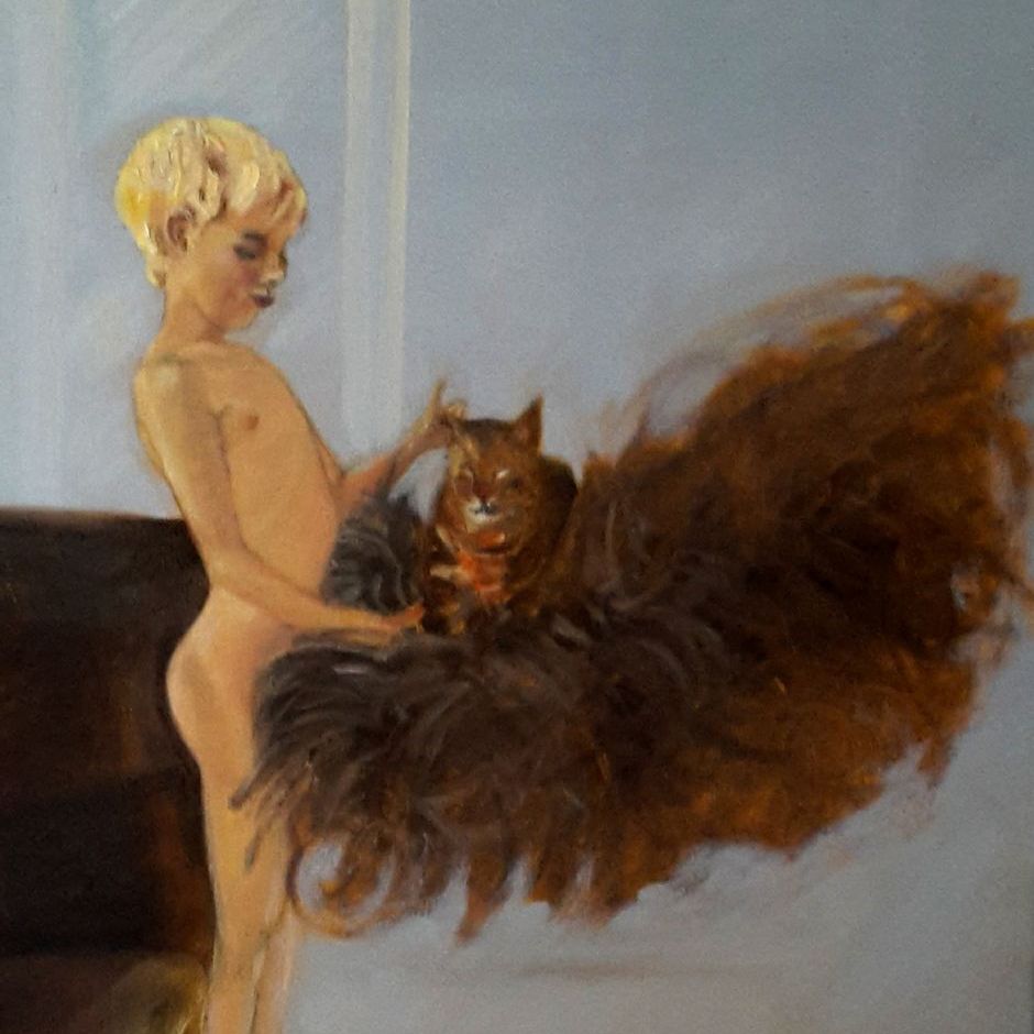 Godnat min kat, (olie på lærred 40x50). Privat eje