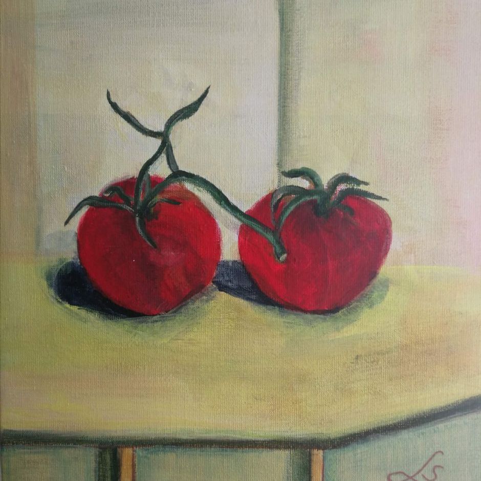 Meget modne tomater, (akryl  på lærred 40x40)