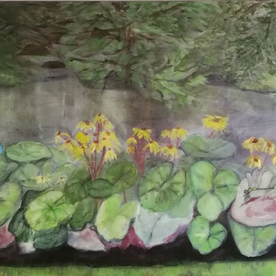Den blå kano II., (akryl og tør kridt på lærred. 60X100)