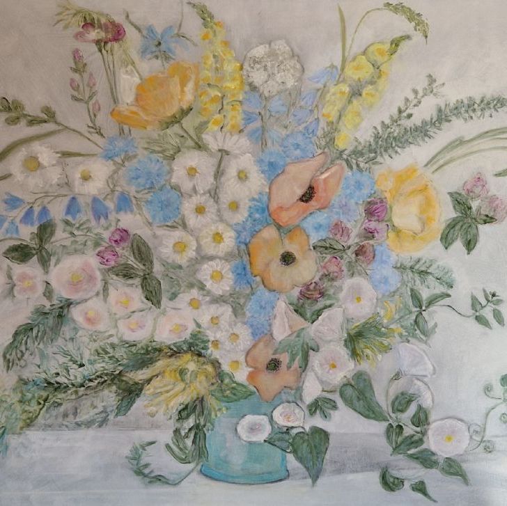 Nu er det sommer. (akryl og tørkridt på lærred 70x90)