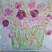 Skøn buket i glas. (akryl og akvarel på lærred. 40x40)