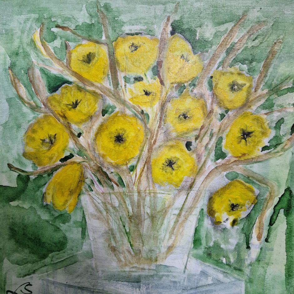 Påske buket i glas. ( akryl og akvarel på lærred.  40x40)