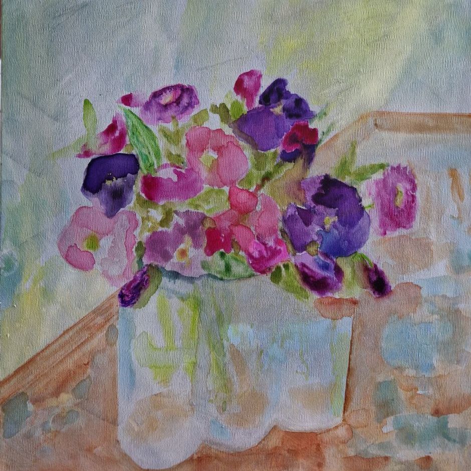 Stedmoder i glas. (akryl og akvarel på lærred. 40x40)