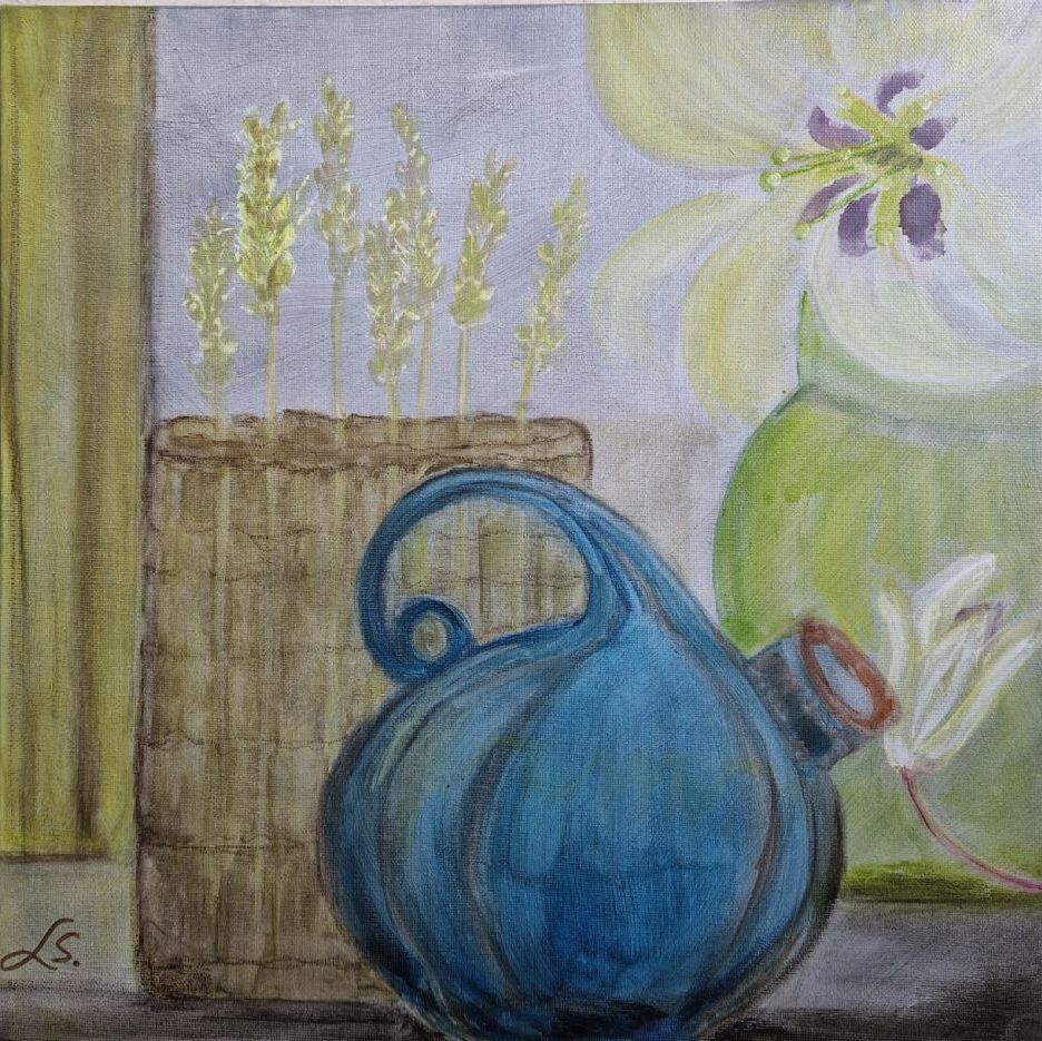 Keramik, flet og korn. (akvarel på akryl på lærred. 40x40)