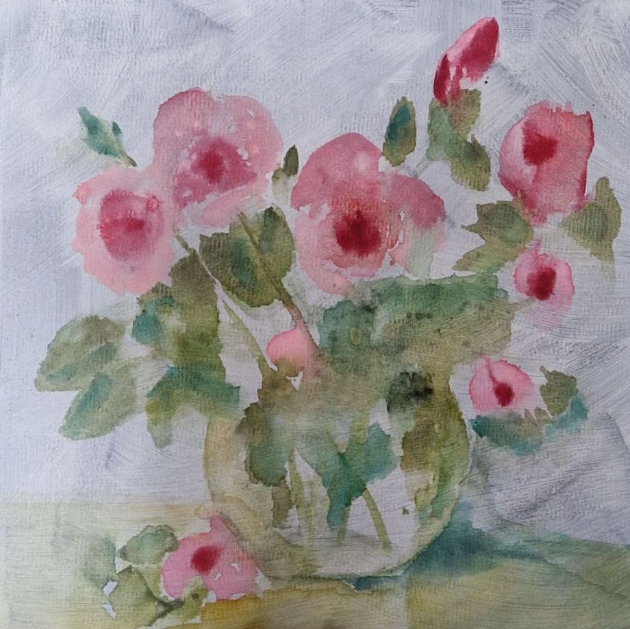 Roser i vase. (akvarel og akryl på lærred 30x30)