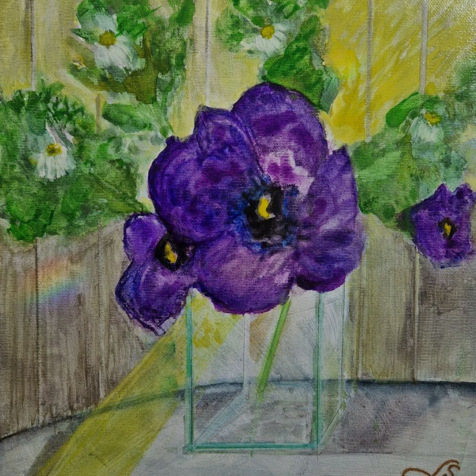 Blå blomst i glas. (akvarel og akryl på lærred 30x30)