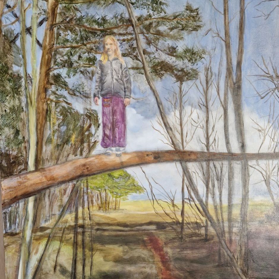 Tur i lunden. Livet er en balancegang2. (akryl og tørkridt på lærred 100×70)